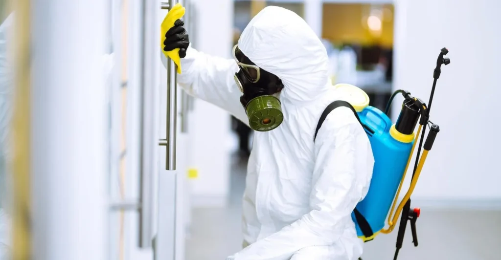 electrostatic+sprayer person wearing hazmat suit disinfecting a door
